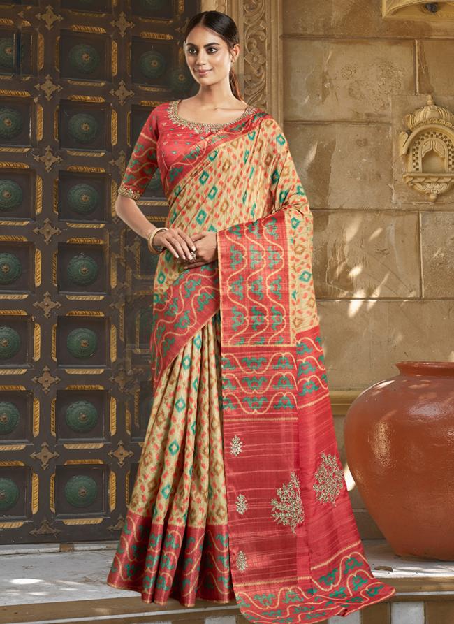 Bhagalpuri Silk Beige Wedding Wear Stone Work Saree